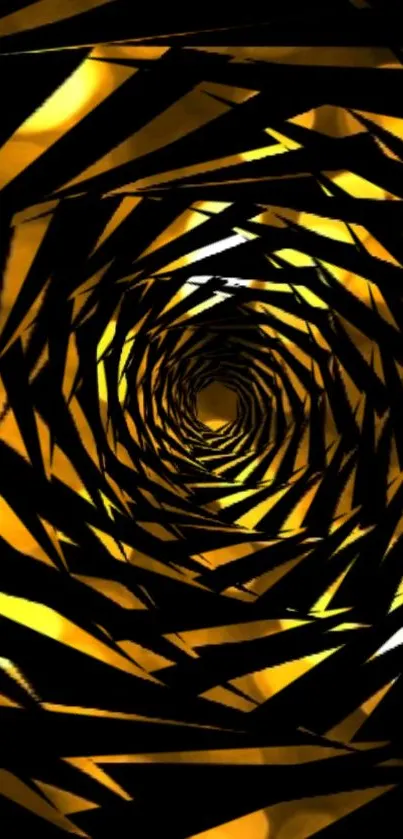 Vibrant geometric spiral in yellow and black hues.