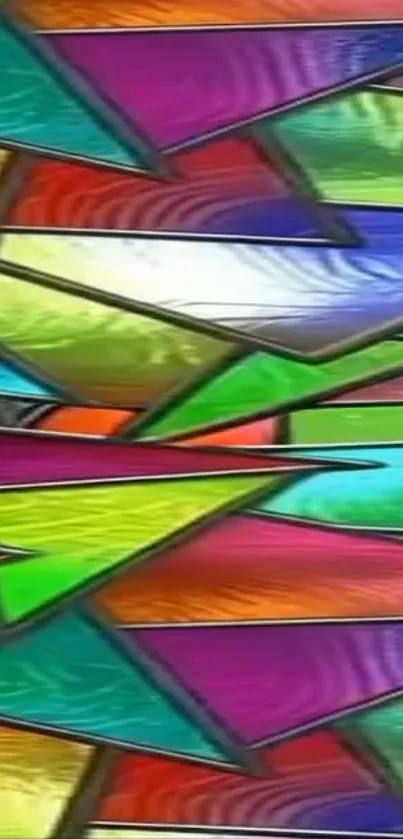 Vibrant stained glass with colorful geometric shapes.