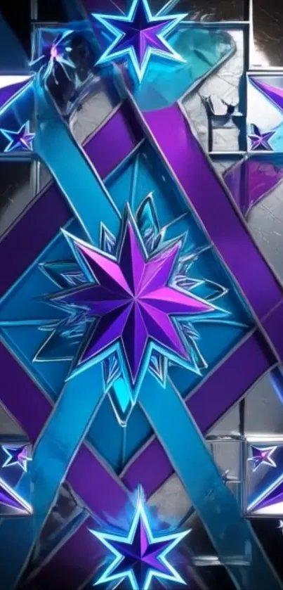 Vibrant geometric star design wallpaper in purple and blue.