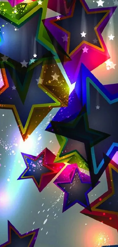 Colorful geometric stars with a vibrant glow on a navy background.