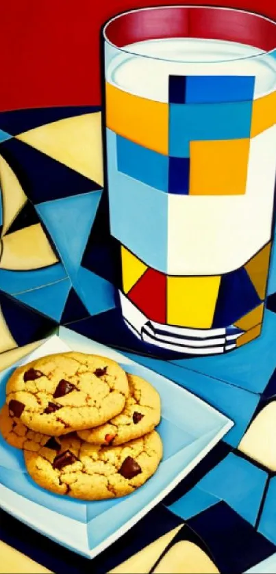 Geometric art wallpaper with milk and cookies in vibrant colors.