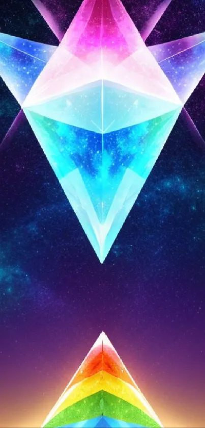 Vibrant geometric triangle art with luminous colors.