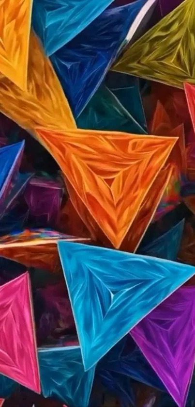 Colorful geometric triangle pattern wallpaper with vibrant 3D designs.