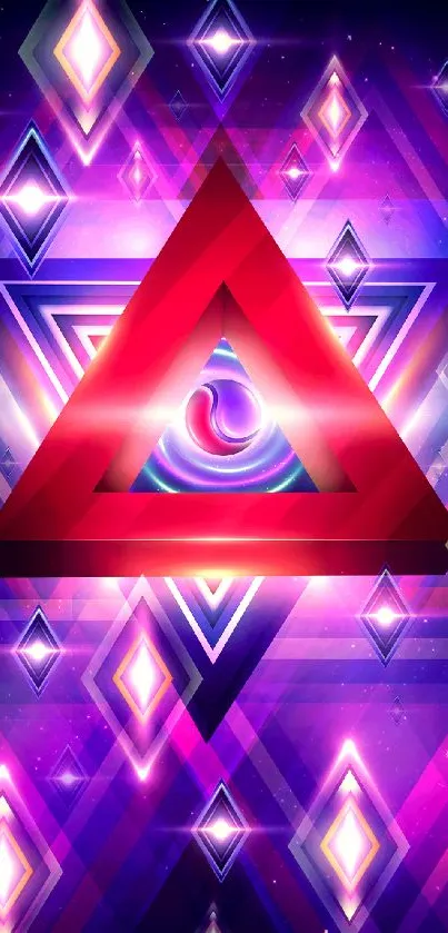 Colorful geometric triangle art wallpaper with a vibrant purple and red design.