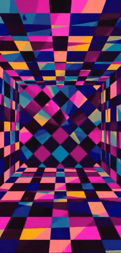 Vibrant geometric tunnel with colorful patterns.