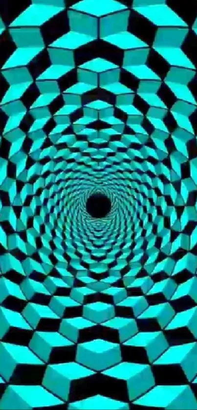 Vibrant blue geometric tunnel wallpaper with 3D effect.