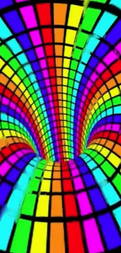 A vibrant geometric tunnel wallpaper with rainbow spirals.