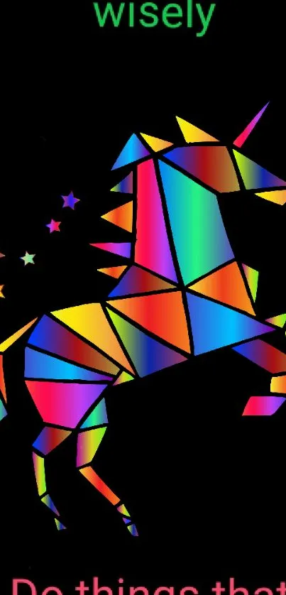 Geometric unicorn art with colorful design on a black background with motivational text.