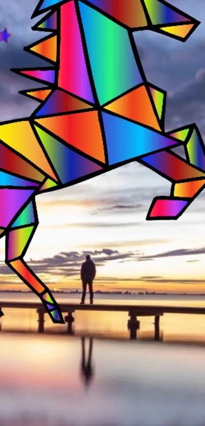 Geometric rainbow unicorn on a serene landscape wallpaper.