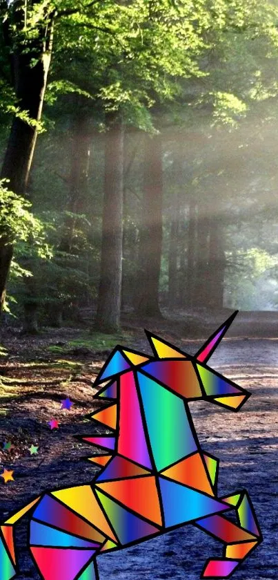 Colorful geometric unicorn in forest setting wallpaper.