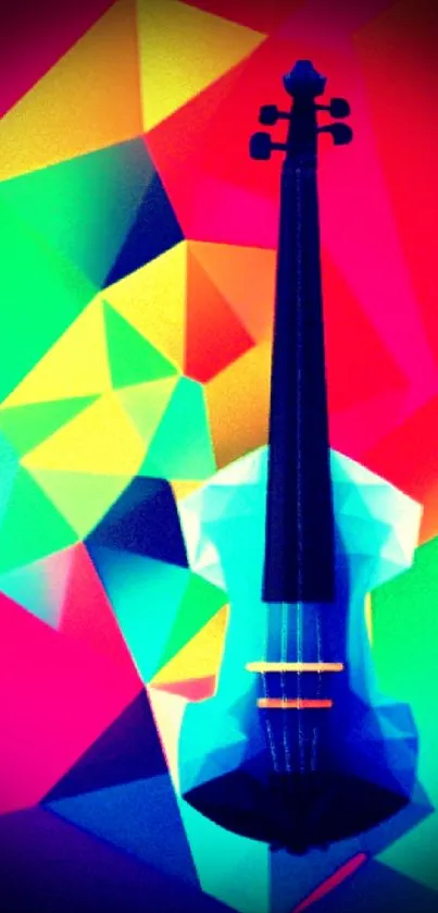 A vibrant geometric wallpaper with a violin on colorful polygonal background.