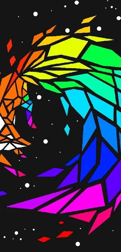 Vibrant geometric wave art with rainbow colors on a black background.