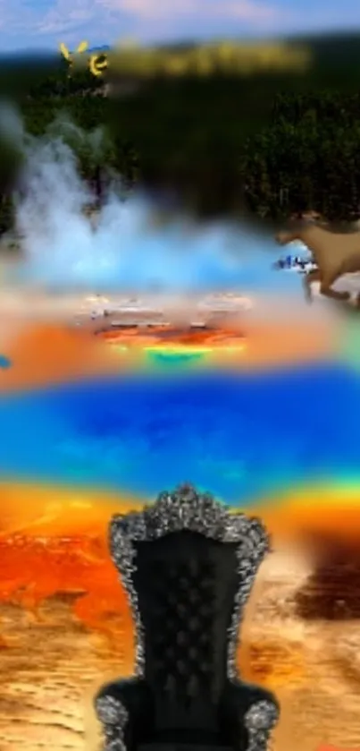 Vibrant geothermal landscape with colorful springs and wildlife for mobile wallpaper.