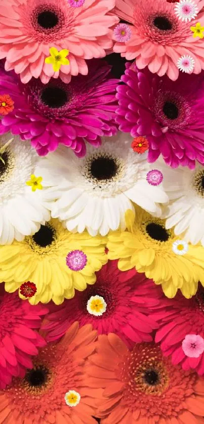 Mobile wallpaper with vibrant gerbera daisies in colorful rows.