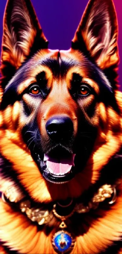 Vibrant German Shepherd artwork with colorful background.