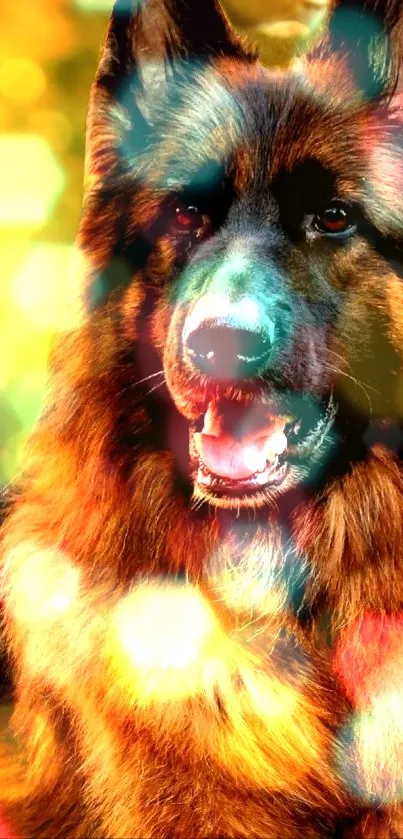 Vibrant German Shepherd with colorful bokeh effect.