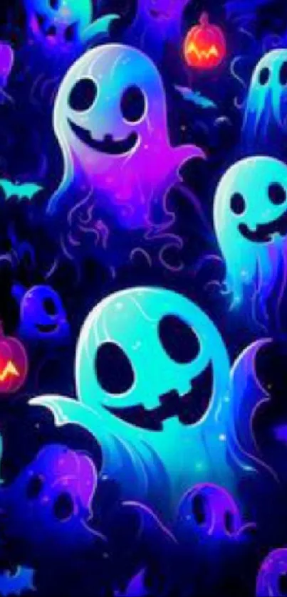 Colorful Halloween wallpaper with ghosts and pumpkins.