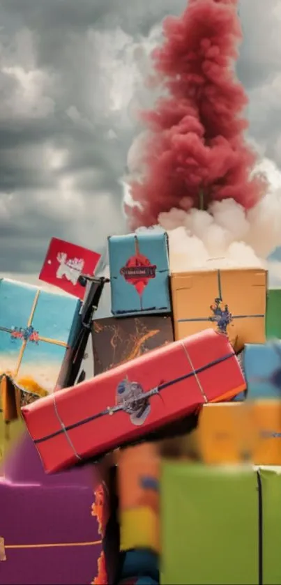 Colorful gift boxes under a dramatic sky.