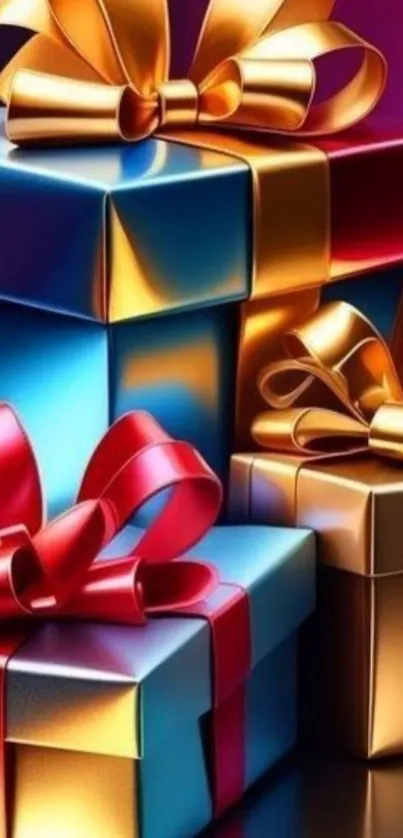 Vibrant and colorful gift boxes with ribbons.
