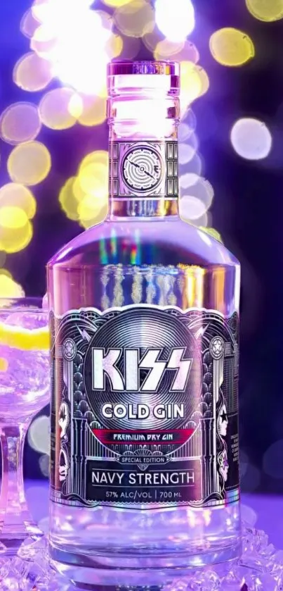 Colorful gin bottle with vibrant lights in purple.