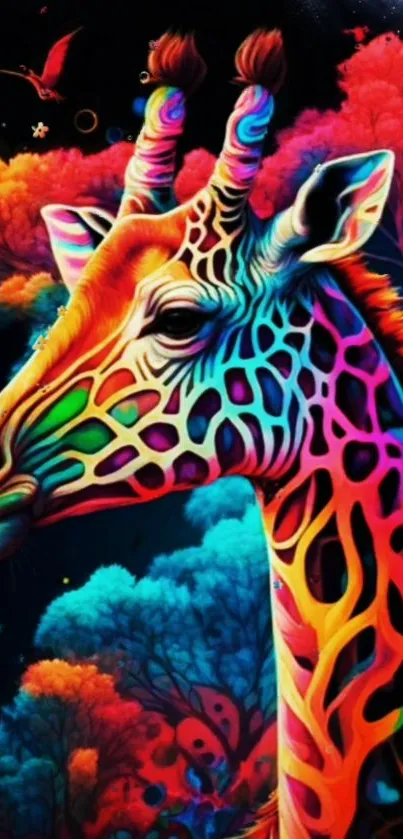 Colorful giraffe art wallpaper with neon hues and a vibrant background.