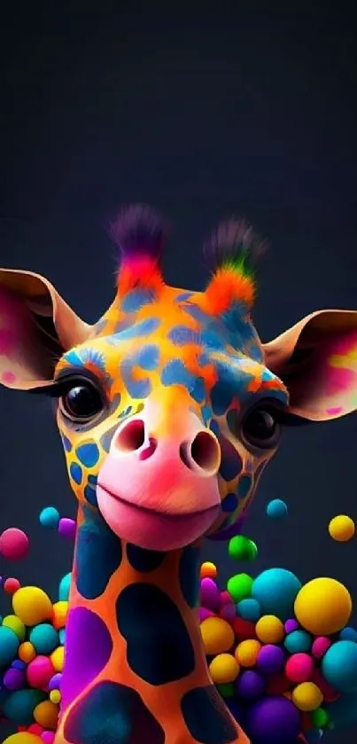 Colorful giraffe art with vibrant dots on a black background.