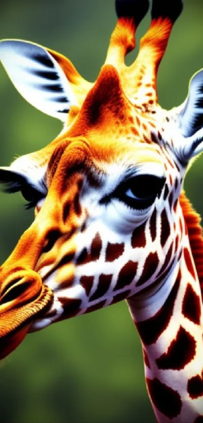 Vibrant giraffe wallpaper with green background.