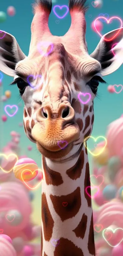 Whimsical giraffe with heart background, colorful mobile wallpaper.