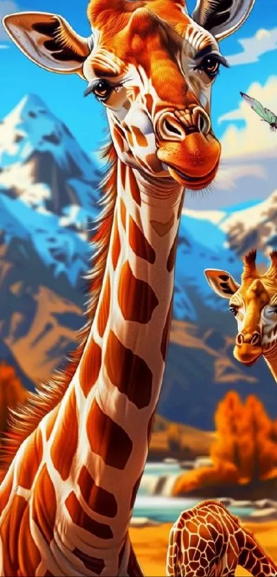 Giraffes in vibrant mountain scenery with butterflies.