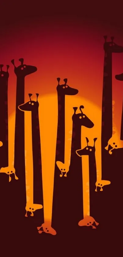 Giraffe silhouettes with a red and orange gradient background for wallpaper.