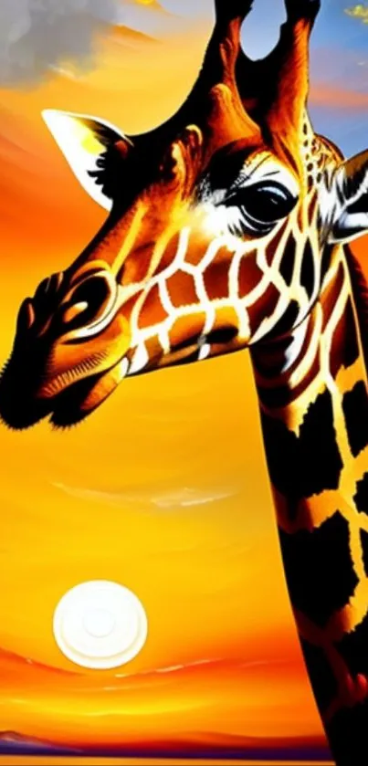 Giraffe against vibrant orange sunset.