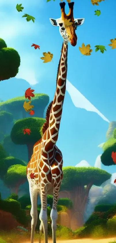 Animated giraffe in lush green landscape under bright blue sky.