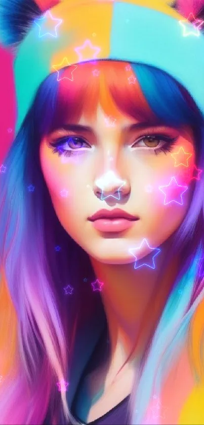 Colorful artistic mobile wallpaper with a vibrant girl in rainbow hues.