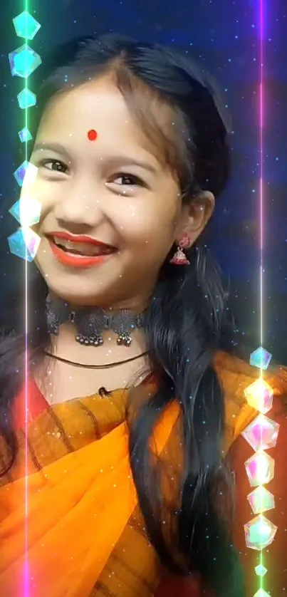 Smiling girl in vibrant ethnic dress with glowing background.