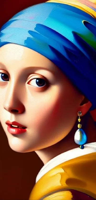 Vibrant digital painting of a girl with a pearl earring in colorful attire.