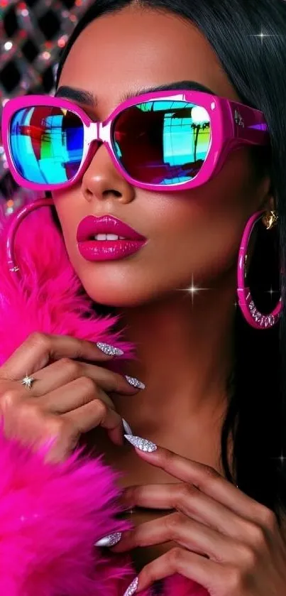 Chic woman in vibrant sunglasses and pink fur