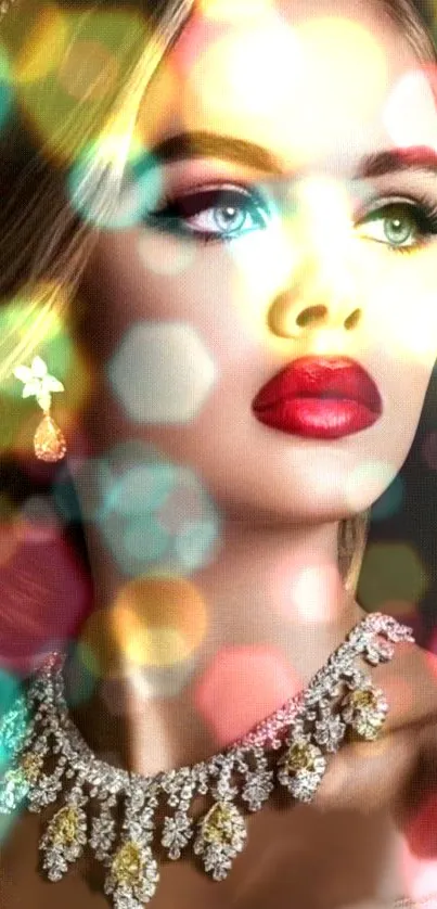 Glamorous woman with jewelry and colorful bokeh effect wallpaper.