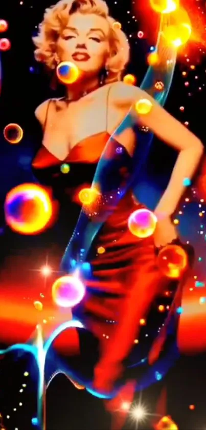 Glamorous woman in a red dress with vibrant bubbles and dynamic lighting.