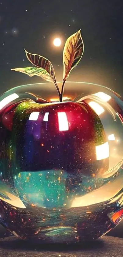 A vibrant glass apple with a colorful, abstract design on a dark cyan background.