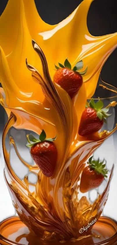 Vibrant glass and strawberry artwork with flowing orange and red hues.