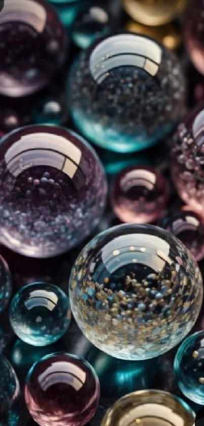 A mobile wallpaper with colorful glass balls showcasing vivid reflections on a dark background.