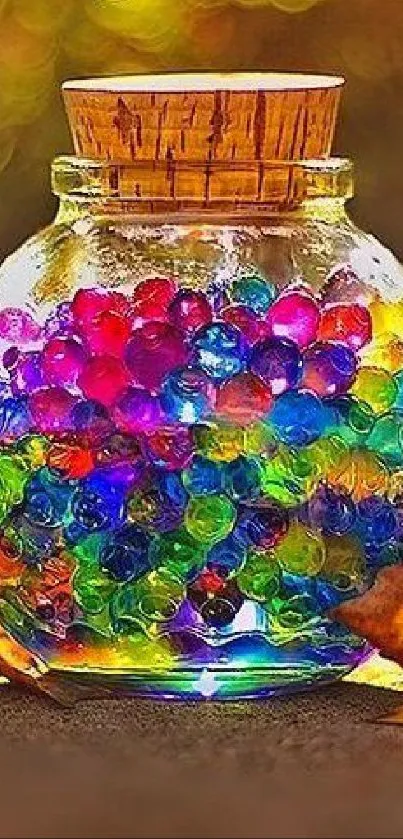 Colorful beads in a glass jar with warm, vibrant hues.