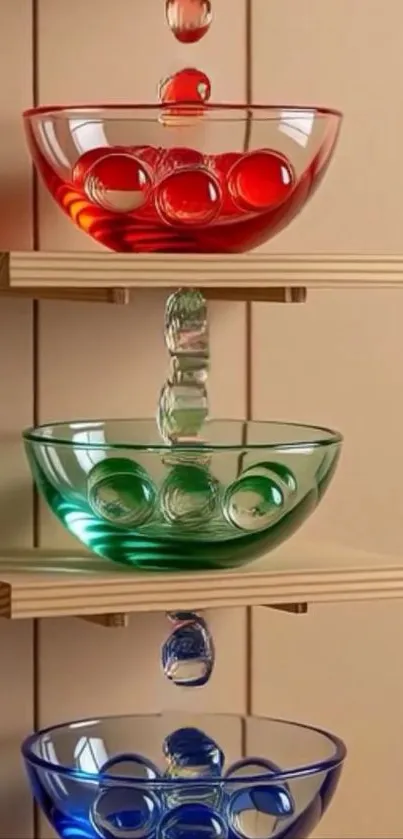 Colorful glass bowls stacked on wooden shelves, artistic wallpaper.