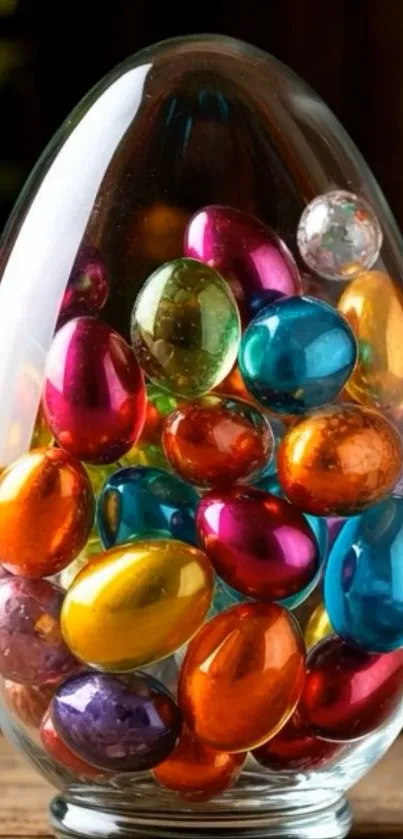 Colorful stones in a glass egg on wooden base.
