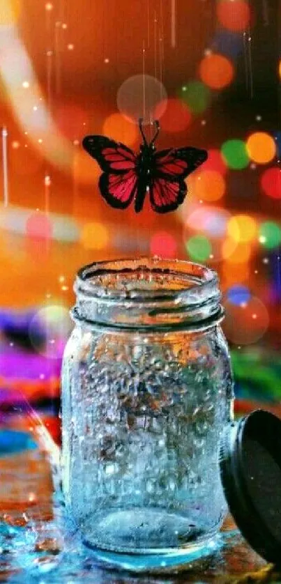 Butterfly over a glass jar with bokeh lights.