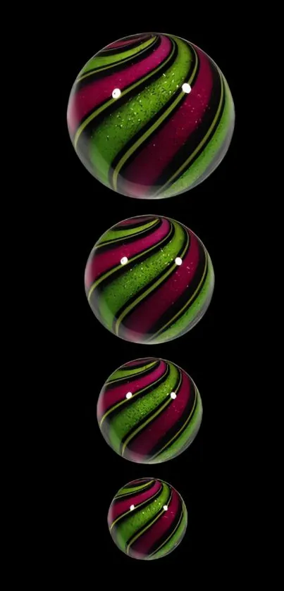 Vibrant mobile wallpaper with swirling glass orbs on a black background.