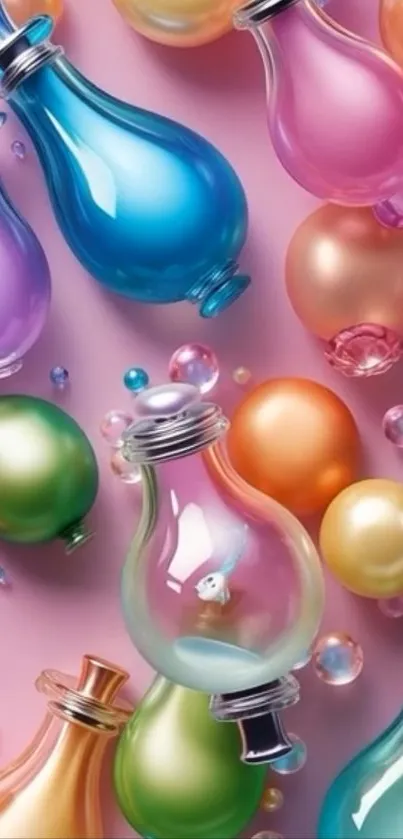 Vibrant glass orbs and bulbs on a pink background.