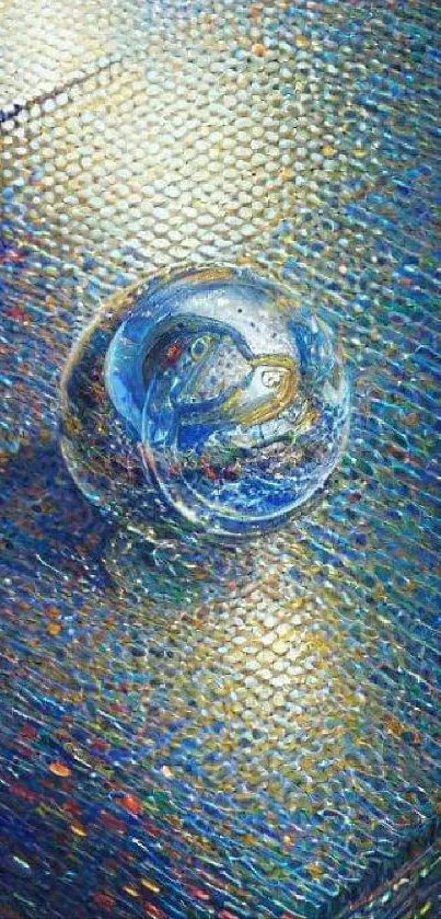 Colorful glass sphere on textured blue pattern wallpaper.