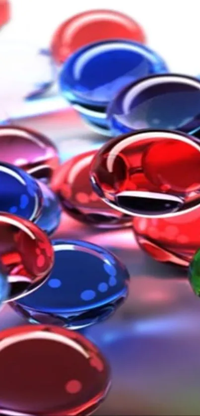 Vibrant wallpaper with red, blue, and green glass spheres in abstract design.