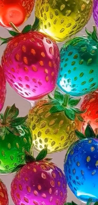 Colorful glass strawberries on vibrant wallpaper.